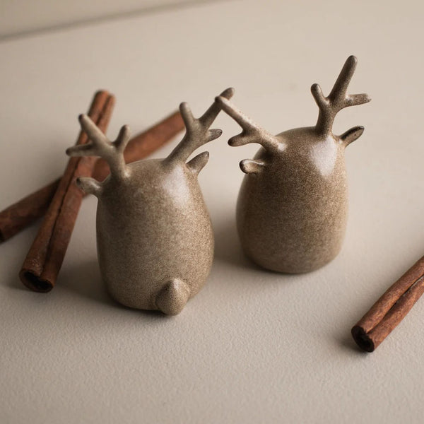 2er-Set Dekofiguren "Deer Twins", Keramik, beige gesprenkelt