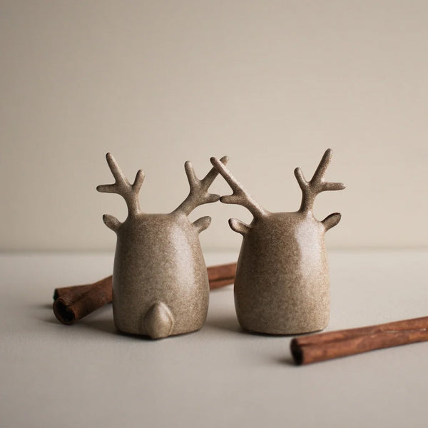 2er-Set Dekofiguren "Deer Twins", Keramik, beige gesprenkelt