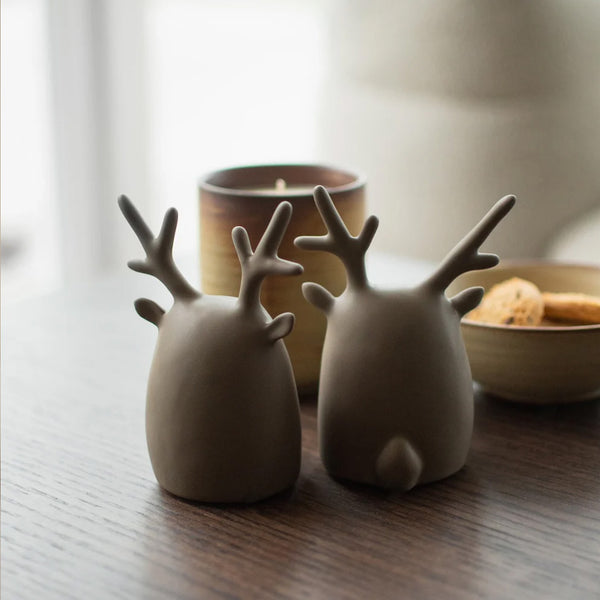 2er-Set Dekofiguren "Deer Twins", Keramik, beige gesprenkelt
